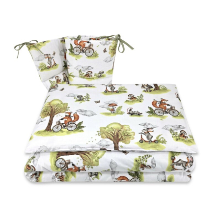 Camera copilului - Lenjerie patut 3 piese, Qmini, Pentru patut 120x60 cm, Cu protectie laterala, Din bumbac certificat Oeko Tex Standard 100, Fox on bikes Natural