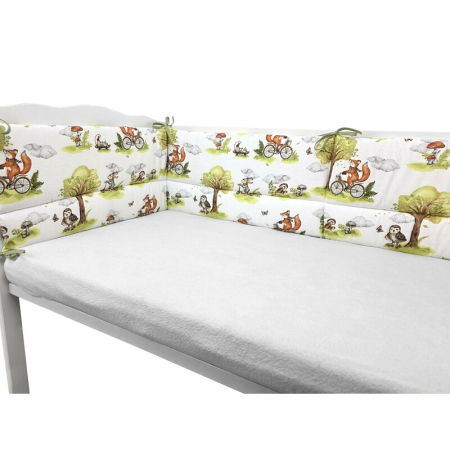 Lenjerie patut 3 piese, Qmini, Pentru patut 120x60 cm, Cu protectie laterala, Din bumbac certificat Oeko Tex Standard 100, Fox on bikes Natural [2]