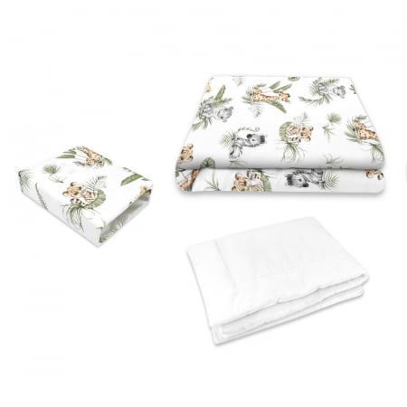 Lenjerii, baldachine, aparatoare - Lenjerie patut cu 3 piese, Qmini, Cu cearceaf 120x60 cm, Din bumbac certificat Oeko Tex Standard 100, Cu pilota si husa pilota, 135x100 cm, Safari