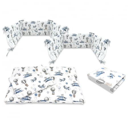 Camera copilului - Lenjerie patut cu 5 piese, MimiNu, Cu cearceaf 120x60 cm, Pilota, Pernuta, 2 aparatori, Din bumbac certificat Oeko Tex Standard 100, Blue Plane