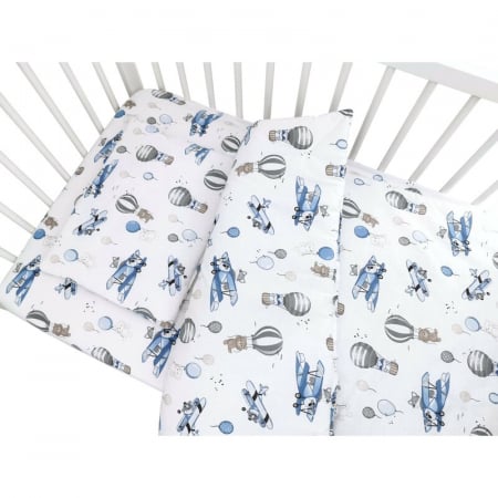 Lenjerie patut cu 5 piese, MimiNu, Cu cearceaf 120x60 cm, Pilota, Pernuta, 2 aparatori, Din bumbac certificat Oeko Tex Standard 100, Blue Plane [2]