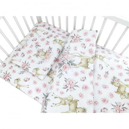 Lenjerie patut cu 5 piese, MimiNu, Cu cearceaf 120x60 cm, Pilota, Pernuta, 2 aparatori, Din bumbac certificat Oeko Tex Standard 100, Sweet Deer Pink [2]
