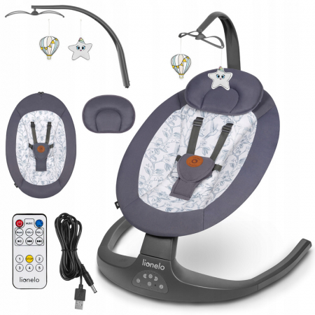 Lionelo - Balansoar si sezlong copii, Ralf, 2 in 1, Electric, Cu telecomanda si cablu USB, Cu miscare laterala de balansare si 5 niveluri diferite de viteza, Cu 12 melodii, Gri Grafit [1]