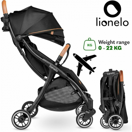 Lionelo - Carucior sport Julie One, De la nastere, Greutate redusa, Cu accesorii, Cadru din aluminiu, 0-22 kg, Conform cu standardele europene de securitate EN1888-1 si EN1888-2, Negru [1]