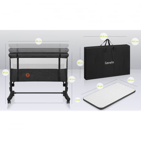 Lionelo - Patut co-sleeper 3 in 1, Aurora, Cu leganare si setare unghiulara, Include saltea cu densitate T25 si geanta transport, Reglabil in 5 pozitii pe inaltime, Pana la 9 kg, 0 luni+, Conform cu E [38]