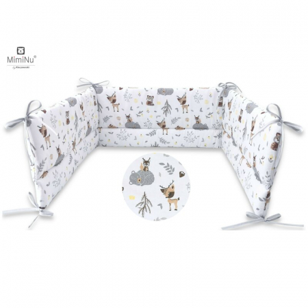 Lenjerii, baldachine, aparatoare - Aparatoare patut 120x60 cm, Din bumbac certificat , Cu inaltimea de 30 cm, Cu panglici, Forest friends Grey/Beige