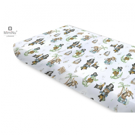 Lenjerii, baldachine, aparatoare - Miminu - Cearceaf cu elastic, Din bumbac certificat Oeko Tex Standard 100, Pentru pat 160x80 cm, Design, Pirates Blue