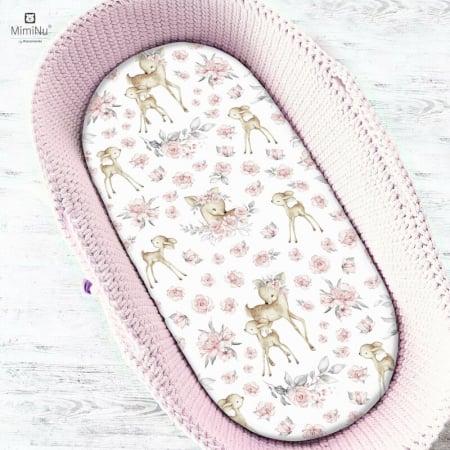 Lenjerii, baldachine, aparatoare - Cearceaf cu elastic pentru landou, carucior si cosulet, Dimensiune 80x35 cm, Din bumbac, Sweet Deer Pink