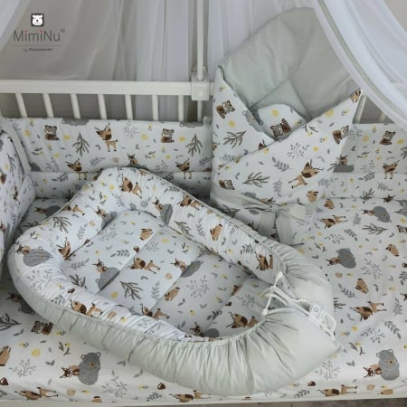 Cosulet bebelus Baby Cocoon 75x55 cm, Husa 100% bumbac , Velvet Forest friends Grey/Beige [1]