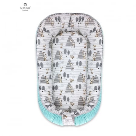 Cosuri de dormit - Cosulet bebelus cu doua fete, Baby Nest 105x66 cm, Husa 100% bumbac, Cu salteluta din burete,Velvet Forest/Mint