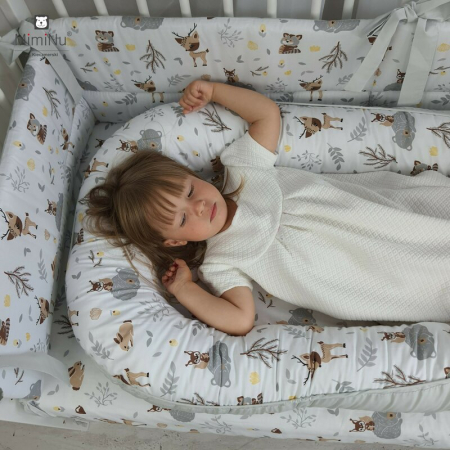 Cosulet bebelus cu doua fete, Baby Nest 105x66 cm, Husa 100% bumbac, Cu salteluta din burete,Velvet Forest/Mint [1]