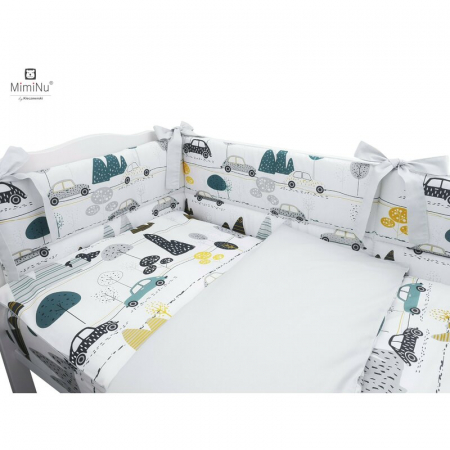 MimiNu - Lenjerie patut 3 piese, Cu protectie laterala, Din bumbac certificat Oeko Tex Standard 100, Pentru patut 120x60 cm, Childrens Journey Grey [1]