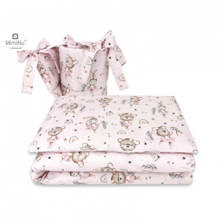 Lenjerii, baldachine, aparatoare - MimiNu - Lenjerie patut 3 piese, Cu protectie laterala, Din bumbac certificat Oeko Tex Standard 100, Pentru patut 120x60 cm, Design, Little Ballerina Pink