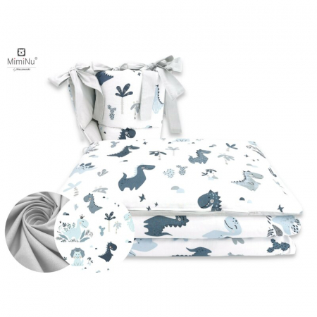 Lenjerii, baldachine, aparatoare - MimiNu - Lenjerie patut 3 piese, Cu protectie laterala, Din bumbac certificat Oeko Tex Standard 100, Pentru patut 120x60 cm, Dino Granat