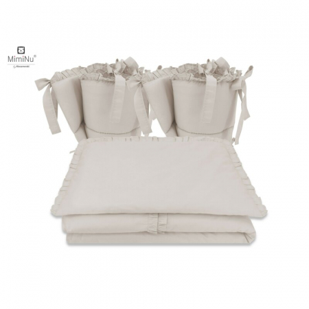 Lenjerii, baldachine, aparatoare - MimiNu - Lenjerie patut cu 4 piese, Cu doua protectii laterale, Cu volanase, Din bumbac certificat Oeko Tex Standard 100, Pentru patut 120x60 cm, Colectia Royal, Beige