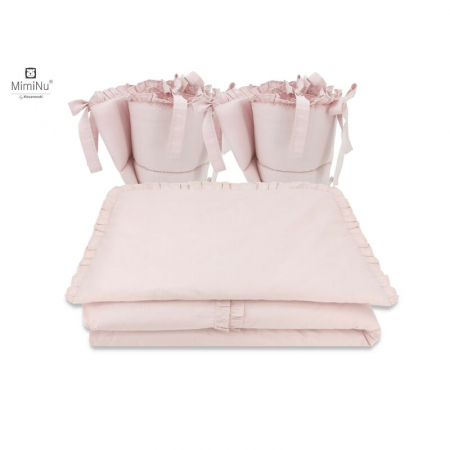 Lenjerii, baldachine, aparatoare - MimiNu - Lenjerie patut cu 4 piese, Cu doua protectii laterale, Cu volanase, Din bumbac certificat Oeko Tex Standard 100, Pentru patut 120x60 cm, Colectia Royal, Powder Pink