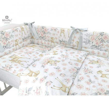 MimiNu - Lenjerie patut cu 4 piese, Cu doua protectii laterale, Din bumbac certificat Oeko Tex Standard 100, Pentru patut 120x60 cm, Sweet Deer Pink [2]