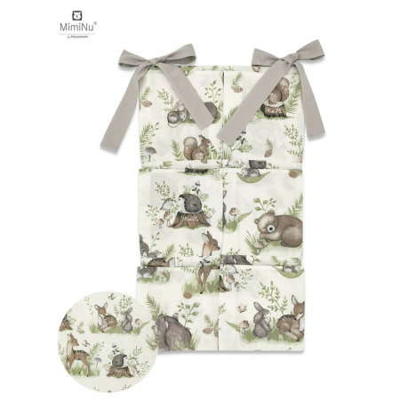 Lenjerii, baldachine, aparatoare - MimiNu - Organizator pentru patut, Din bumbac certificat Oeko Tex Standard 100, Cu 6 compartimente, Cu doua panglici, 70x40 cm, Design, Calm Forest Natural