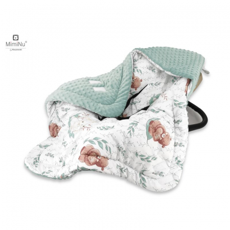 Articole de transport - MimiNu - Paturica calduroasa de infasat pentru scoica, scaun auto/carucior, Cu gluga si urechi, Cu sistem de prindere pe baza de velcro, Dimensiune 90x90 cm, Din tesatura pufoasa Minky + Bumbac, Mater