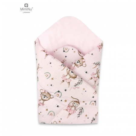 Saltele si accesorii infasat - MimiNu - Paturica de infasat cu doua fete, Cu multiple utilizari, Cu inchidere arici velcro, Dimensiune 75x75 cm, Din bumbac certificat Oeko Tex Standard 100, Design, Little Ballerina Pink