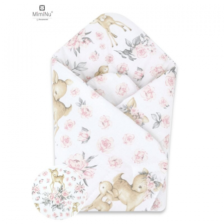 Saltele si accesorii infasat - MimiNu - Paturica de infasat cu doua fete, Cu multiple utilizari, Cu inchidere arici velcro, Dimensiune 75x75 cm, Din bumbac certificat Oeko Tex Standard 100, Sweet Deer Pink