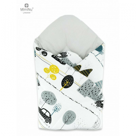 Saltele si accesorii infasat - MimiNu - Paturica de infasat cu doua fete, Cu multiple utilizari, Cu inchidere arici velcro, Dimensiune 75x75 cm, Din bumbac certificat Oeko Tex Standard 100, Childrens Journey Grey