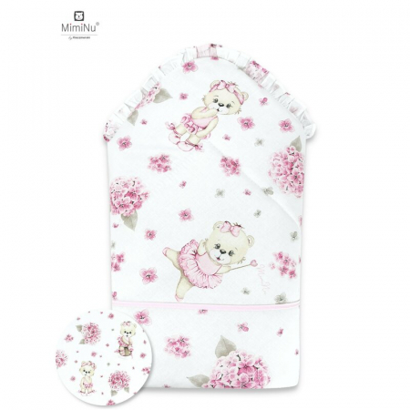 MimiNu - Paturica de infasat, Cu volanas si panglica, Cu multiple utilizari, Cu inchidere arici velcro, Dimensiune 75x75 cm, Din bumbac certificat Oeko Tex Standard 100, Design, Pink Ballerina [1]