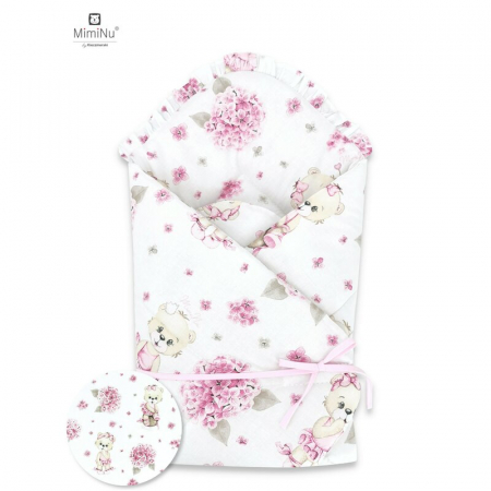 Saltele si accesorii infasat - MimiNu - Paturica de infasat, Cu volanas si panglica, Cu multiple utilizari, Cu inchidere arici velcro, Dimensiune 75x75 cm, Din bumbac certificat Oeko Tex Standard 100, Design, Pink Ballerina