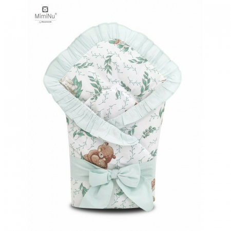 Saltele si accesorii infasat - MimiNu - Paturica de infasat multifunctionala, Cu volanase, Cu inchidere cu panglica si arici velcro, Dimensiune 75x75 cm, Din bumbac certificat Oeko Tex Standard 100, Lulu Natural/Mint