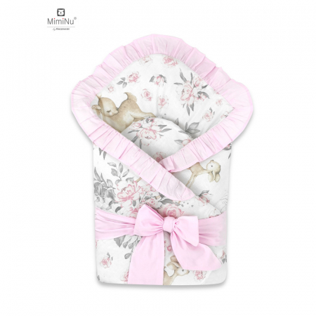 Saltele si accesorii infasat - MimiNu - Paturica de infasat multifunctionala, Cu volanase, Cu inchidere cu panglica si arici velcro, Dimensiune 75x75 cm, Din bumbac certificat Oeko Tex Standard 100, Sweet Deer Pink/Pink