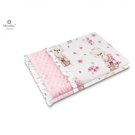 Lenjerii, baldachine, aparatoare - MimiNu - Paturica pufoasa cu doua fete, Cu volanas, Dimensiune 75x100 cm, Din tesatura minky si bumbac, Materiale certificate Oeko Tex Standard 100, Design, Pink Ballerina