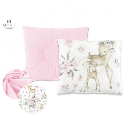 Perne - Perna bebelusi profilata, doua fete, functie anti-soc, Pufoasa, Din catifea si bumbac, 23x26 cm, Velvet Sweet Deer/Pink