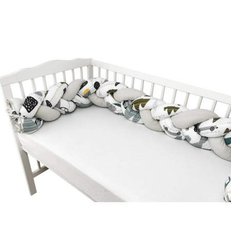 Patuturi din lemn - MimiNu - Protectie laterala pentru patut bebe, Tip Bumper impletit, Din bumbac, Din materiale certificate Oeko Tex Standard 100, Lungime 220 cm, Childrens Journey Grey 