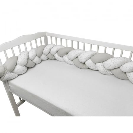Patuturi din lemn - MimiNu - Protectie laterala pentru patut bebe, Tip Bumper impletit, Din bumbac, Din materiale certificate Oeko Tex Standard 100, Lungime 220 cm, Mini Gray Stars