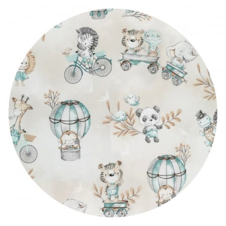 MimiNu - Set 3 cosuri rotunde cu dimensiuni generoase pentru depozitare jucarii, Cu volanase, Dimensiuni 50x35 cm, 35x30 cm, 19x23 cm, Din bumbac certificat Oeko Tex Standard 100, Design, Zoo on Bikes [1]