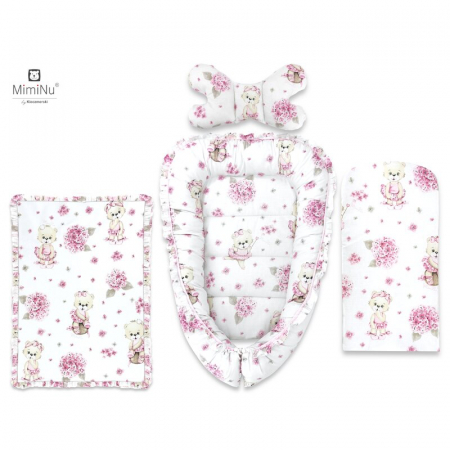 Cosuri de dormit - Set 4 in 1 Cosulet bebelus Baby Cocoon 75x55 cm, Cu volanase, paturica cu volanase 50x70 cm, salteluta 60x32 cm, perna 37x24 , Pink Ballerina.