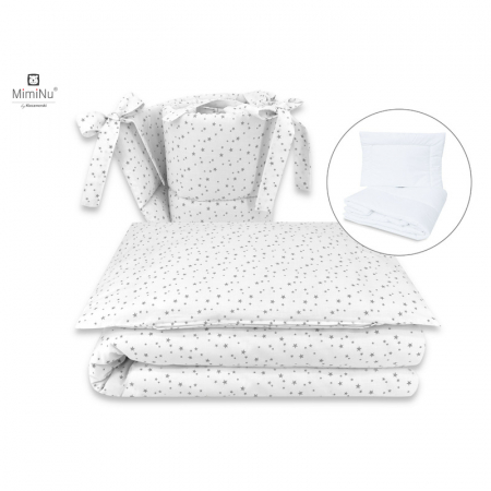 Lenjerii, baldachine, aparatoare - MimiNu - Set lenjerie patut 5 piese, Cu pilota si perna, Din bumbac certificat Oeko Tex Standard 100, Pentru patut 120x60 cm, Mini Gray Stars