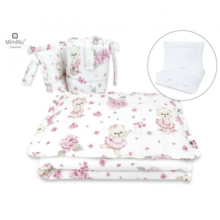 Lenjerii, baldachine, aparatoare - MimiNu - Set lenjerie patut 5 piese, Cu volanase, Cu pilota si perna, Din bumbac certificat Oeko Tex Standard 100, Pentru patut 120x60 cm, Design, Pink Ballerina