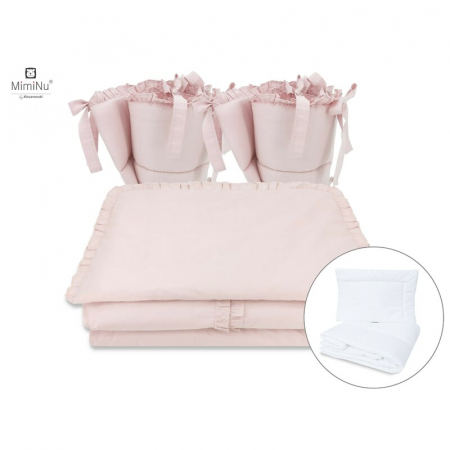 Lenjerii, baldachine, aparatoare - MimiNu - Set lenjerie patut cu 6 piese, Cu volanase, Cu pilota si perna, Cu doua aparatori laterale, Din bumbac certificat Oeko Tex Standard 100, Pentru patut 120x60 cm, Colectia Royal, Powder Pink
