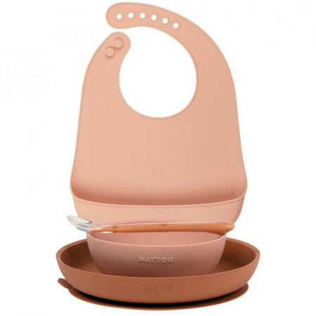 Cani , farfurii , tacamuri - Nattou - Set de masa, Include baveta reglabila cu buzunar de colectare, bol, farfurie si lingurita, Silicon moale, Fara BPA, 4-36 luni+, Portocaliu