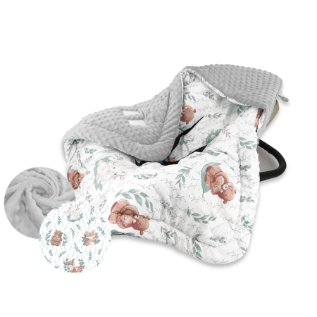 Produse pentru masina - Paturica calduroasa de infasat, MimiNu, Pentru scoica, scaun auto/carucior, Cu gluga si urechi, 90x90 cm, Din tesatura pufoasa, Materiale certificate Oeko Tex Standard 100, Lulu Natural Grey