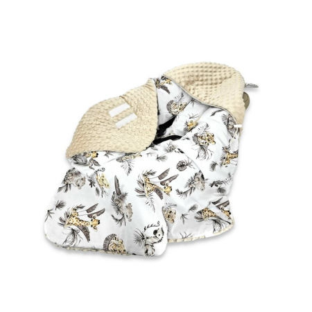 Produse pentru masina - Paturica calduroasa, MimiNu, Pentru scoica, scaun auto/carucior, Cu gluga si urechi, Dimensiune 90x90 cm, Din Minky + Bumbac, Materiale certificate Oeko Tex Standard 100, Savanna