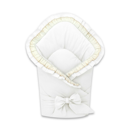 Saltele si accesorii infasat - Paturica de infasat, MimiNu, Cu volanase si dantela, Cu multiple utilizari, Cu inchidere cu panglica, Dimensiune 75x75 cm, Din bumbac certificat Oeko Tex Standard 100, White