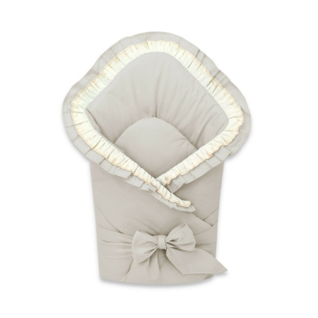 Saltele si accesorii infasat - Paturica de infasat, MimiNu, Cu volanase si dantela, Cu multiple utilizari, Cu inchidere cu panglica, Dimensiune 75x75 cm, Din bumbac certificat Oeko Tex Standard 100, Beige