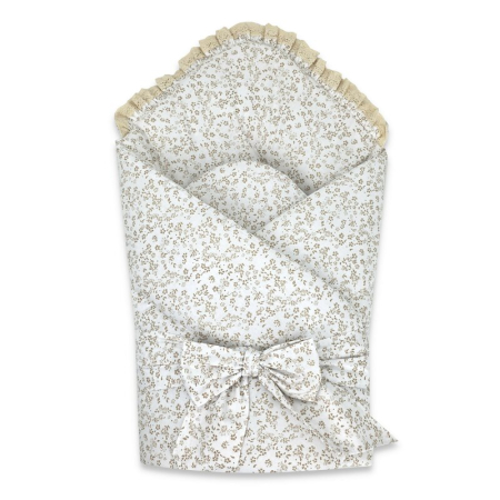 Saltele si accesorii infasat - Paturica de infasat, MimiNu, Premium, Cu volanase si dantela, Cu multiple utilizari, Cu inchidere cu panglica, Dimensiune 75x75 cm, Din bumbac certificat Oeko Tex Standard 100, Meadow