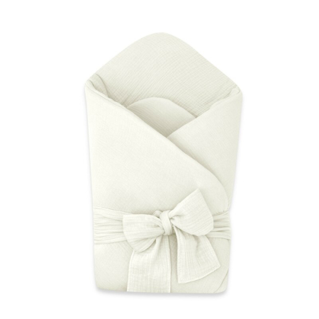 Saltele si accesorii infasat - Paturica de infasat, Qmini, Din muselina dubla, Cu inchidere cu panglica, Dimensiune 75x75 cm, Din material certificat Oeko Tex Standard 100, Cream
