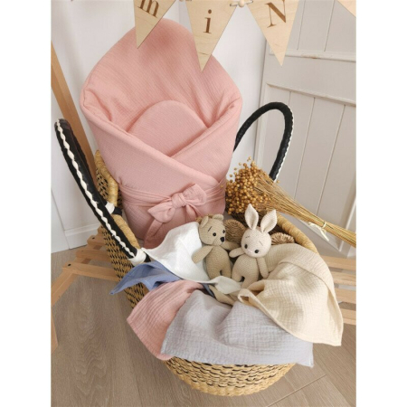 Paturica de infasat, Qmini, Din muselina dubla, Cu inchidere cu panglica, Dimensiune 75x75 cm, Din material certificat Oeko Tex Standard 100, Powder Pink [2]