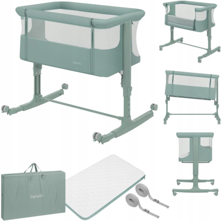 Patut co-sleeper, Lionelo, Aurora, 3 in 1, Cu leganare si setare unghiulara, Saltea cu densitate T25 si geanta transport, Reglabil in 5 pozitii pe inaltime, Pana la 9 kg, 0 luni+, 85x60x66 cm, EN 1130 [2]