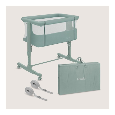 Patut co-sleeper, Lionelo, Aurora, 3 in 1, Cu leganare si setare unghiulara, Saltea cu densitate T25 si geanta transport, Reglabil in 5 pozitii pe inaltime, Pana la 9 kg, 0 luni+, 85x60x66 cm, EN 1130 [3]