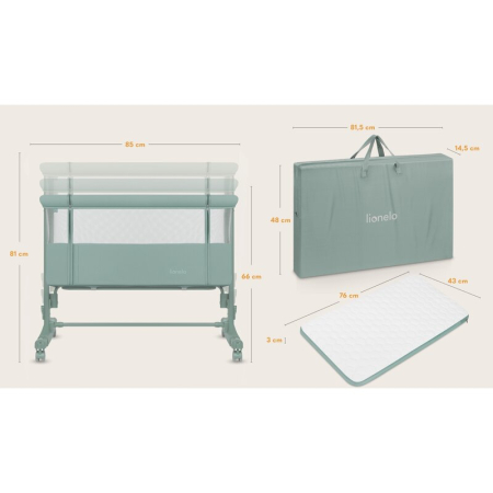 Patut co-sleeper, Lionelo, Aurora, 3 in 1, Cu leganare si setare unghiulara, Saltea cu densitate T25 si geanta transport, Reglabil in 5 pozitii pe inaltime, Pana la 9 kg, 0 luni+, 85x60x66 cm, EN 1130 [21]